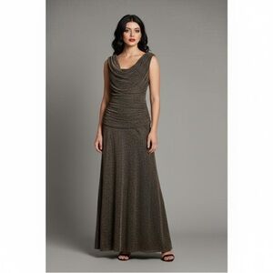 NW Nightway Black Gold Metallic Sleeveless Ruched y2K Maxi Gown Dress Size 10P